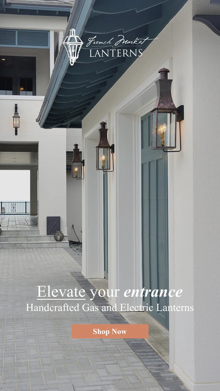 French Market Lanterns entrance with gas lanterns and shop now button