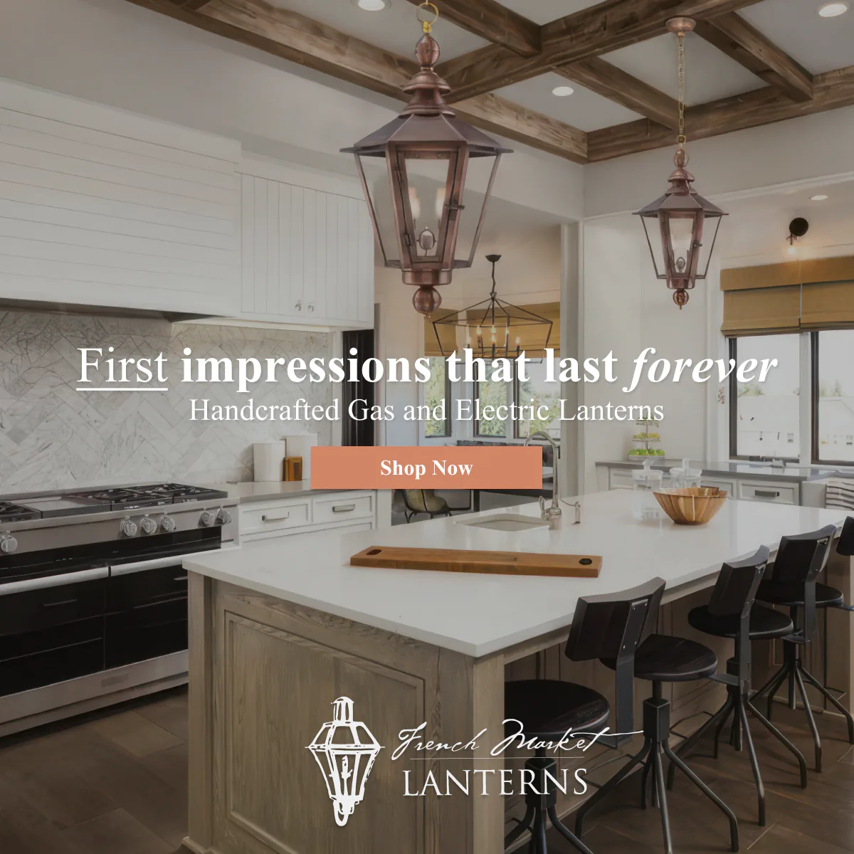 French Market Lanterns ad showing handcrafted copper lanterns in a bright kitchen