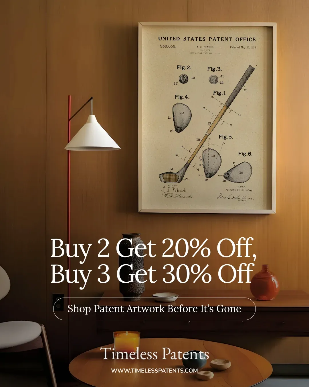 Timeless Patents Black Friday ad: buy two prints for 20% off or three for 30% off