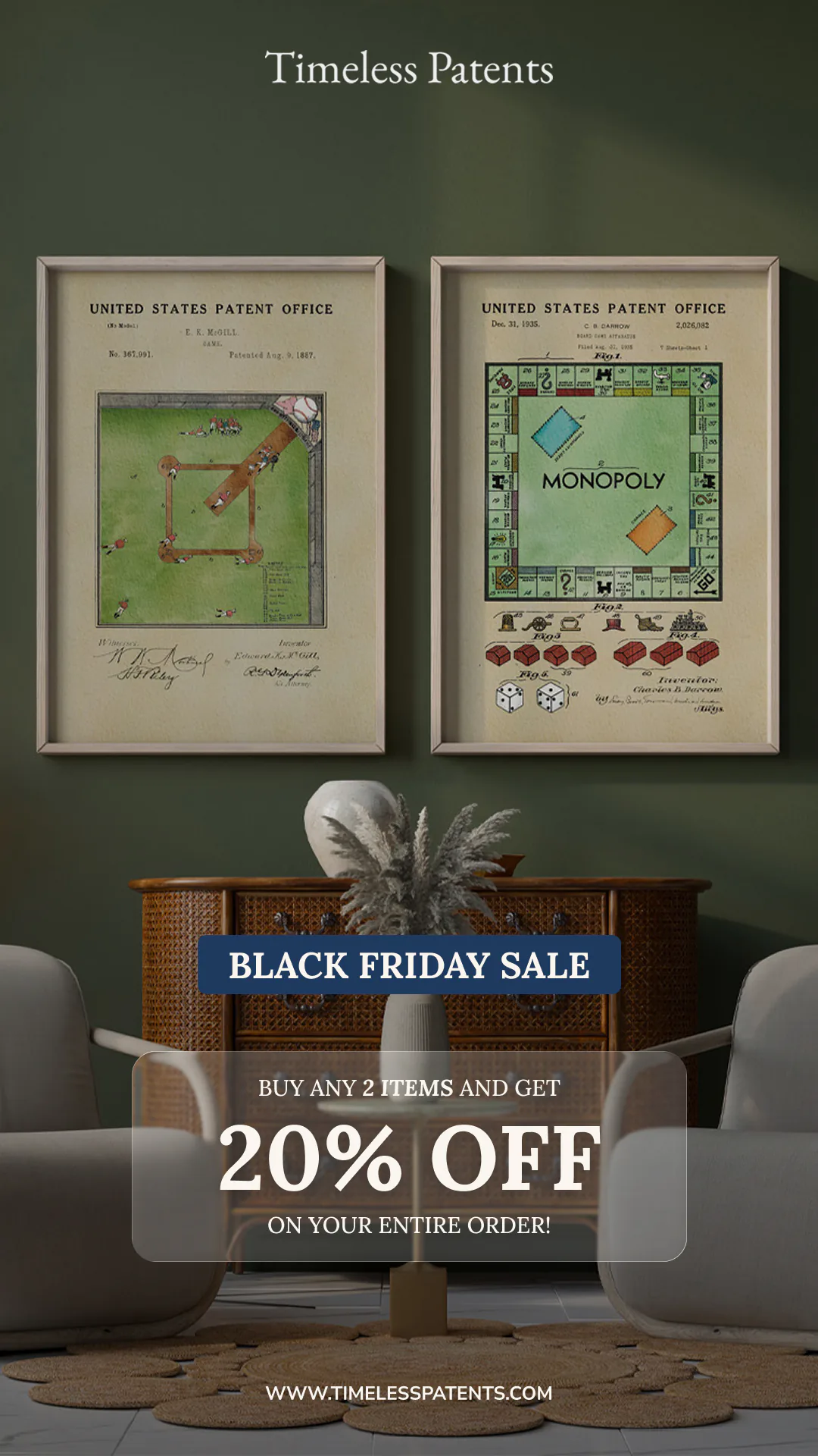 Timeless Patents Black Friday ad: buy any two patent prints and get 20% off