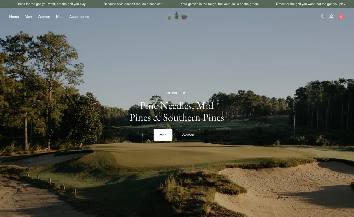 Archived desktop view of the Pine Needles Pro Shop Shopify storefront